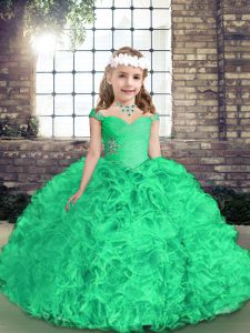 Pretty Green Sleeveless Floor Length Beading and Ruffles Side Zipper Little Girl Pageant Dress
