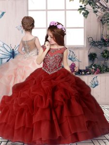 Floor Length Red Pageant Gowns For Girls Chiffon Sleeveless Beading and Pick Ups