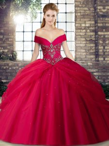 Dynamic Red 15 Quinceanera Dress Military Ball and Sweet 16 and Quinceanera with Beading and Pick Ups Off The Shoulder Sleeveless Brush Train Lace Up