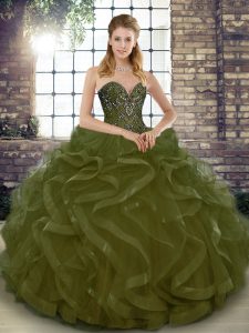Olive Green Sleeveless Tulle Lace Up Quinceanera Gown for Military Ball and Sweet 16 and Quinceanera