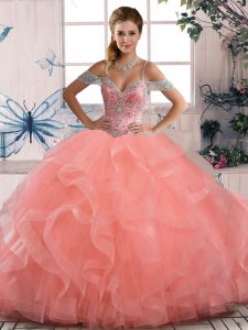 Tulle Off The Shoulder Sleeveless Lace Up Beading and Ruffles Quince Ball Gowns in Peach