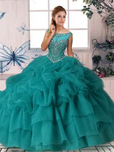 Fantastic Teal Organza Zipper Scoop Sleeveless Quince Ball Gowns Brush Train Beading and Pick Ups