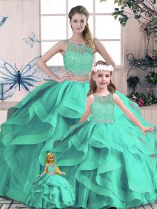 Sleeveless Tulle Floor Length Lace Up Sweet 16 Quinceanera Dress in Turquoise with Beading and Lace and Ruffles
