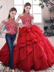 Beading and Ruffles Quinceanera Dress Red Lace Up