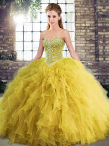 High Quality Floor Length Gold Quinceanera Gowns Tulle Sleeveless Beading and Ruffles