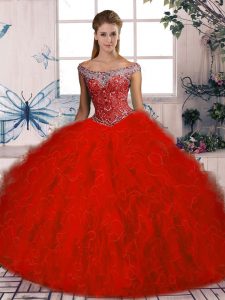 Red Tulle Lace Up Off The Shoulder Sleeveless Military Ball Dresses For Women Brush Train Beading and Ruffles