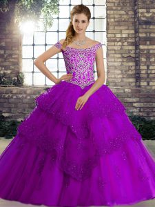 Vintage Brush Train Ball Gowns Quinceanera Dress Purple Off The Shoulder Tulle Sleeveless Lace Up