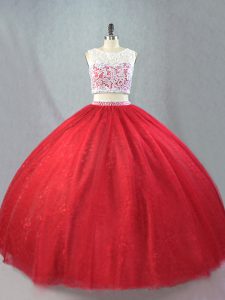 Tulle Scoop Sleeveless Zipper Beading and Appliques 15 Quinceanera Dress in Red