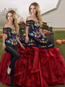 Two Pieces Sweet 16 Quinceanera Dress Red And Black Off The Shoulder Organza Sleeveless Floor Length Lace Up