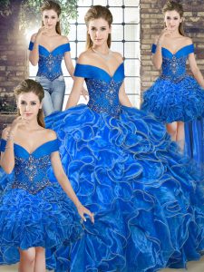 Royal Blue Off The Shoulder Neckline Beading and Ruffles Quinceanera Gowns Sleeveless Lace Up