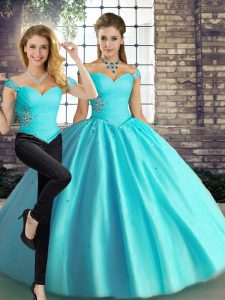 Sumptuous Floor Length Two Pieces Sleeveless Aqua Blue Quinceanera Gown Lace Up