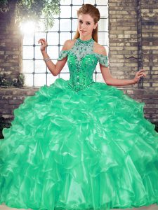 Trendy Ball Gowns Quinceanera Dress Turquoise Halter Top Organza Sleeveless Floor Length Lace Up