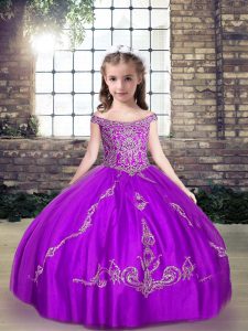 Discount Tulle Off The Shoulder Sleeveless Lace Up Beading Kids Pageant Dress in Purple