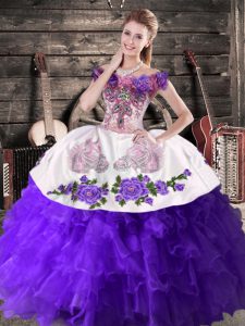 Sumptuous Purple Organza Lace Up Off The Shoulder Sleeveless Floor Length Sweet 16 Dress Embroidery and Ruffles