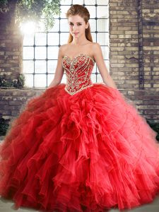 Shining Red Sweetheart Neckline Beading and Ruffles Ball Gown Prom Dress Sleeveless Lace Up