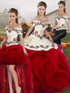 Attractive White And Red Lace Up Quinceanera Gowns Embroidery and Ruffles Sleeveless Floor Length