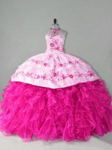 Hot Pink Mermaid Embroidery and Ruffles Party Dress for Girls Lace Up Organza Sleeveless
