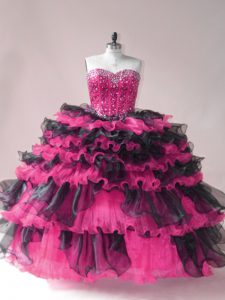 Sleeveless Beading and Ruffled Layers Lace Up Quince Ball Gowns with Pink And Black