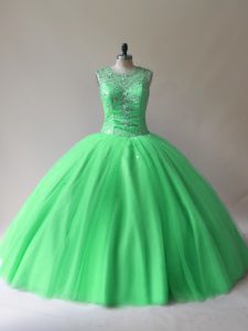 Extravagant Tulle Scoop Sleeveless Lace Up Beading Ball Gown Prom Dress in Green