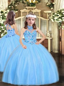 Floor Length Lace Up Little Girl Pageant Gowns Baby Blue and In with Appliques