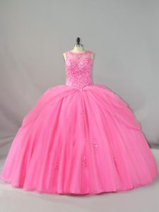 Best Rose Pink Ball Gowns Beading and Appliques Quinceanera Dress Lace Up Tulle Sleeveless