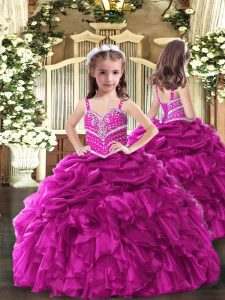 Floor Length Lace Up Little Girl Pageant Dress Fuchsia for Party and Sweet 16 and Wedding Party with Beading and Ruffles