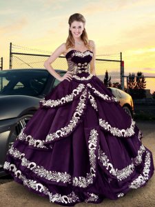 Vintage Purple Ball Gowns Sweetheart Sleeveless Satin and Silk Like Satin Floor Length Lace Up Embroidery and Ruffled Layers 15 Quinceanera Dress
