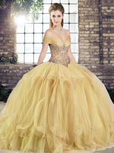 Gold Ball Gowns Beading and Ruffles 15th Birthday Dress Lace Up Tulle Sleeveless Floor Length