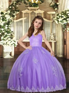Cute Lavender Ball Gowns Appliques Girls Pageant Dresses Lace Up Tulle Sleeveless Floor Length