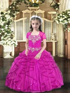 Fuchsia Lace Up Straps Beading Pageant Dress for Womens Tulle Sleeveless