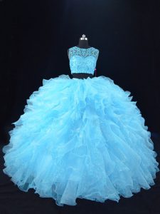 Aqua Blue Sleeveless Floor Length Beading and Ruffles Zipper Ball Gown Prom Dress