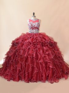 Red Two Pieces Organza Scoop Sleeveless Beading and Lace and Appliques Zipper Quince Ball Gowns Brush Train
