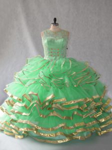 Green Ball Gowns Scoop Sleeveless Organza Floor Length Lace Up Beading and Ruffles Vestidos de Quinceanera