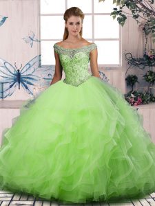 Ball Gown Prom Dress Sweet 16 and Quinceanera with Beading and Ruffles Off The Shoulder Sleeveless Lace Up