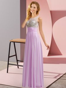 Unique Lavender Empire Chiffon Scoop Sleeveless Beading Floor Length Side Zipper Quinceanera Court of Honor Dress