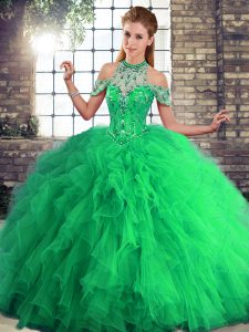 Tulle Halter Top Sleeveless Lace Up Beading and Ruffles Quinceanera Gown in Green