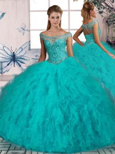 Beading and Ruffles Quinceanera Gowns Aqua Blue Lace Up Sleeveless Brush Train