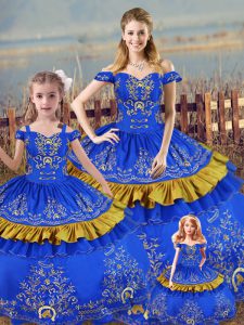 Designer Blue Satin Lace Up Off The Shoulder Sleeveless Floor Length Quinceanera Dresses Embroidery