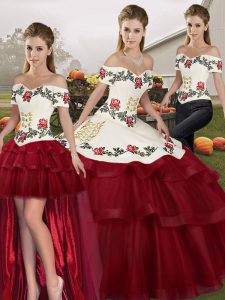 Noble Tulle Off The Shoulder Sleeveless Brush Train Lace Up Embroidery and Ruffled Layers Sweet 16 Dress in Wine Red