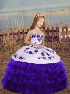 Purple Ball Gowns Straps Sleeveless Organza Floor Length Lace Up Embroidery and Ruffled Layers Pageant Gowns For Girls
