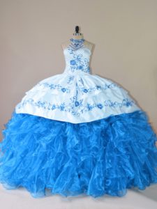 Pretty Organza Halter Top Sleeveless Court Train Lace Up Embroidery and Ruffles Quinceanera Gowns in Blue