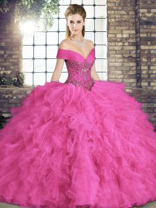 Perfect Off The Shoulder Sleeveless Lace Up 15th Birthday Dress Hot Pink Tulle