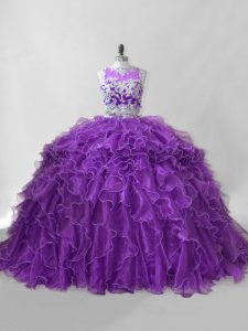 Perfect Purple Sleeveless Beading and Ruffles Zipper Quinceanera Gown