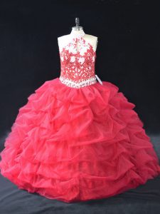 Red Backless Halter Top Beading and Lace Sweet 16 Quinceanera Dress Organza Sleeveless