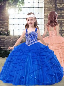 Top Selling Royal Blue Sleeveless Tulle Lace Up Little Girls Pageant Dress for Party and Military Ball and Wedding Party