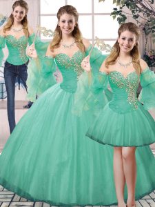 Glamorous Turquoise Ball Gowns Sweetheart Sleeveless Tulle Floor Length Lace Up Beading Vestidos de Quinceanera