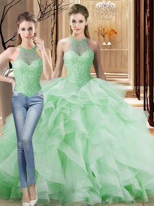 Apple Green Sleeveless Brush Train Beading and Ruffles Quinceanera Gowns