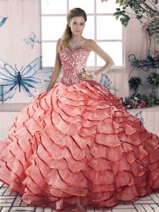 Organza Sweetheart Sleeveless Brush Train Lace Up Beading and Ruffled Layers Ball Gown Prom Dress in Watermelon Red