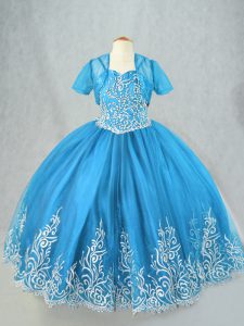 Spaghetti Straps Sleeveless Tulle Child Pageant Dress Beading and Embroidery Lace Up