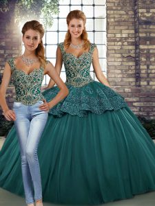 Green Straps Neckline Beading and Appliques Military Ball Dresses For Women Sleeveless Lace Up